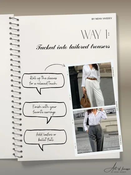 Here is the first way to style a classic white shirt: tucked into tailored trousers. This creates a clean, sharp, and instantly polished look for any professional setting.