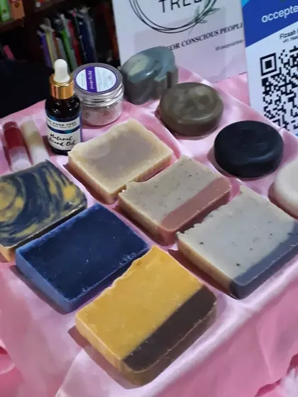 A close-up of my soap display at the Philo Fair. You can see the variety of colors and shapes, all from natural ingredients.