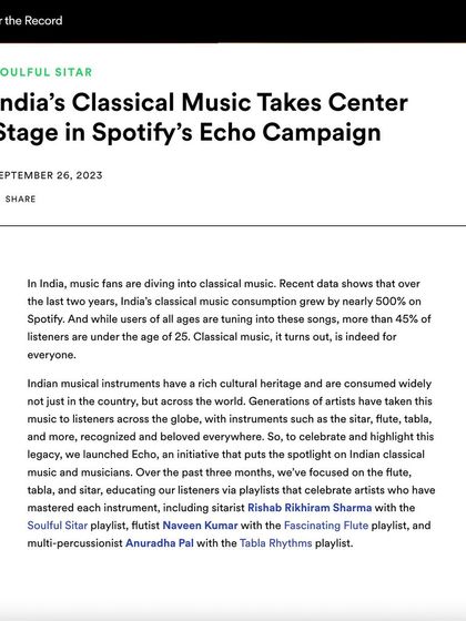 The headline from Spotify's campaign: "India's Classical Music Takes Center Stage." I am proud to be a central part of this movement.