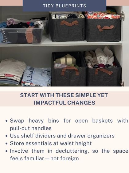 Here are some simple changes for an aging parent's home: swap heavy bins for open baskets with pull-out handles and use shelf dividers to keep things from toppling.