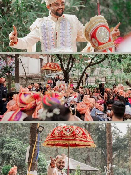 A collage of the groom's Baraat in the mountains, showing his joyful expressions and the lively procession.