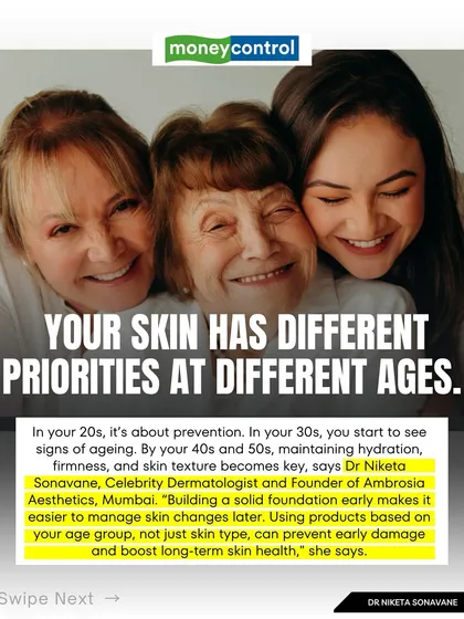 Your skin has different priorities at different ages. As I explained to Moneycontrol, building a solid foundation in your 20s makes it easier to manage changes later. Using products based on your age group, not just skin type, can prevent damage and boost long-term health.