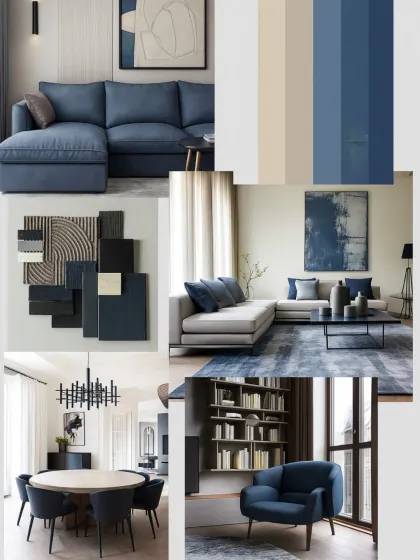 This mood board focuses on a calm and sophisticated palette of navy blue and soft neutrals, perfect for creating a contemporary yet serene living space.