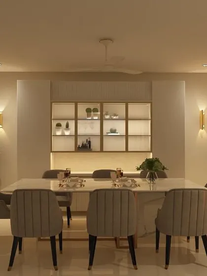 A 3D render of a dining area concept, showcasing a minimalist design with a large clock, elegant wall lighting, and a glass-front crockery unit.