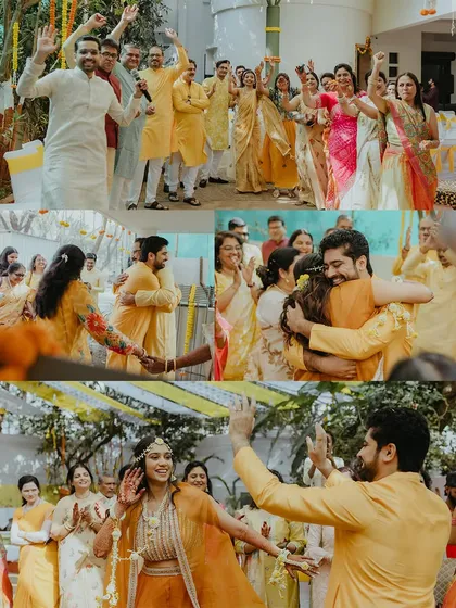 A collage of the groom's entrance and the couple dancing with their family, capturing the lively spirit of the Haldi function.