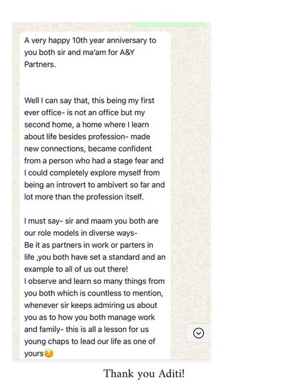 Aditi's message highlights the personal and professional growth she experienced with us. We strive to be role models not just in law, but in how to build a balanced and fulfilling career.