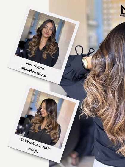 Capturing that sun-kissed brunette glow. This collage shows off the subtle sunlit magic of a well-executed balayage, perfect for a natural yet transformative look.