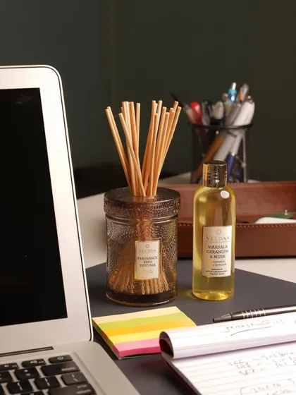 A hectic work week calls for a moment of calm. Our reed diffusers provide a constant, subtle fragrance for your workspace, helping to soothe the senses and maintain composure. Featured here is our Marsala Geranium & Musk fragrance.