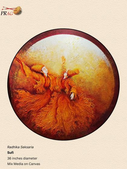Radhika Seksaria's "Sufi" is a circular canvas, which presents a unique framing challenge. We created a custom square frame for it, which grounds the circular composition and makes it easy to hang, turning it into a captivating art object.