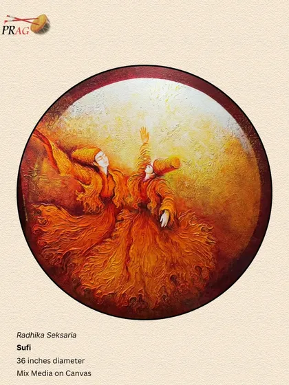 A circular canvas capturing the ecstatic dance of Sufi dervishes by Radhika Seksaria, the swirling motion and warm colors conveying a sense of spiritual transcendence.