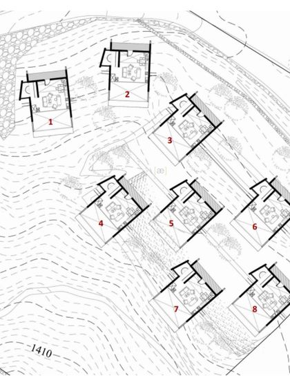 The site plan for the Suwakholi Getaways, showing how the individual cabins are carefully placed along the contours of the hill to maximize views and privacy.