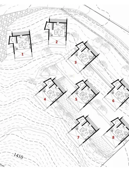 The site plan for the Suwakholi Getaways, showing how the individual cabins are carefully placed along the contours of the hill to maximize views and privacy.