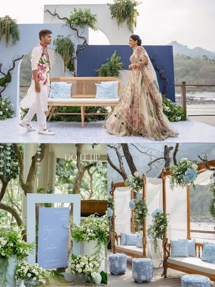 A collage from a beautiful Mehndi by the water. The decor featured a palette of serene blues and whites, with modern arched backdrops, natural wood furniture, and lush green and white floral arrangements.