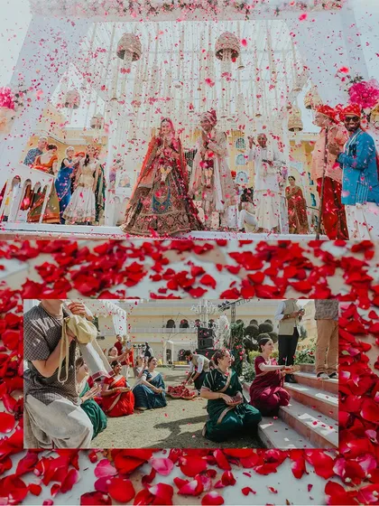 A collage capturing the grand finale of the wedding ceremony, with the couple showered in red rose petals.