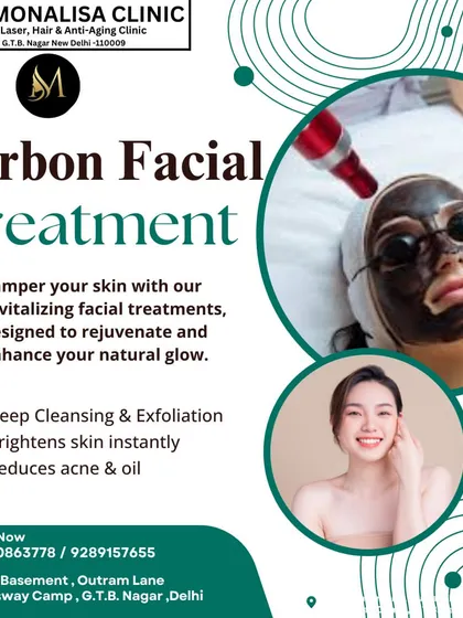 The Carbon Laser Facial is one of our most requested treatments for an instant glow. This graphic highlights its key benefits, including deep cleansing, instant brightening, and a reduction in acne and excess oil.