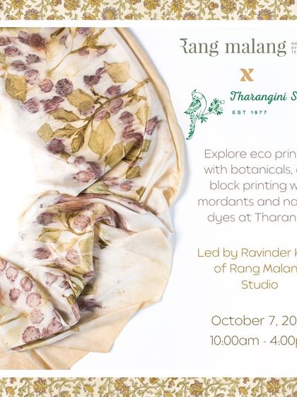An announcement for our popular eco-printing and natural dyeing workshop. Participants learn to forage for botanicals and use them to create beautiful patterns on silk and cotton scarves in our serene studio environment.