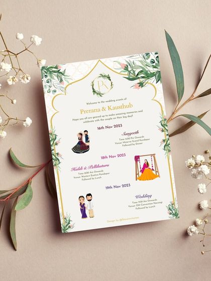 Another version of the tropical-themed wedding itinerary. This design uses charming illustrations to guide guests through the Sangeet, Haldi, and Wedding events, ensuring everyone is part of the celebration in style.