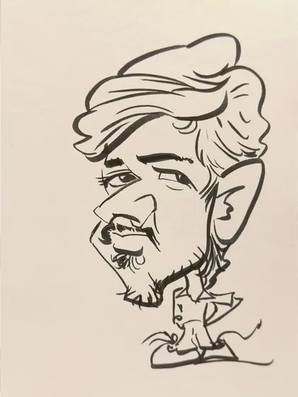 A finished black and white caricature of a man with a turban, showcasing the clean lines and expressive style of my work.