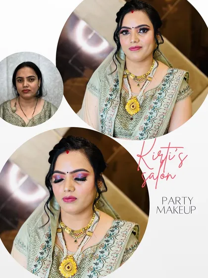 This collage shows a party makeup transformation. The client's features are enhanced with defined eyes and a soft lip color, creating a polished and elegant look.