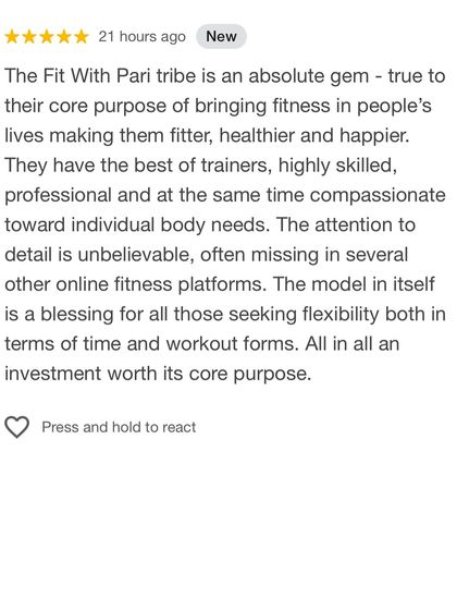Our tribe is called an "absolute gem" in this review. The member praises the attention to individual body needs, which is often missing on other online platforms, and calls our model a blessing for its flexibility.
