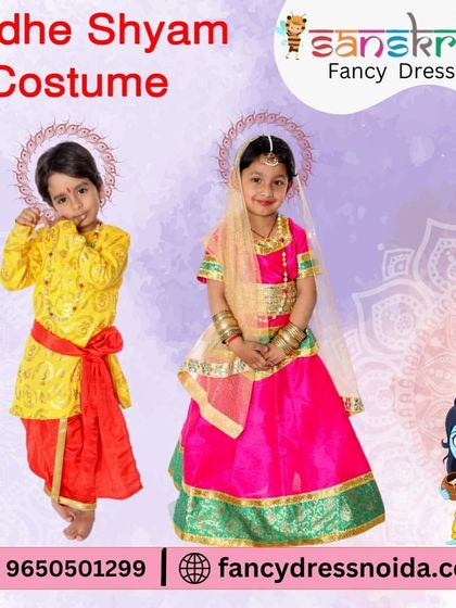 This Radhe Shyam costume set is one of my most requested pairs for young children. The bright pink and yellow outfits are comfortable and look adorable for any Janmashtami event.