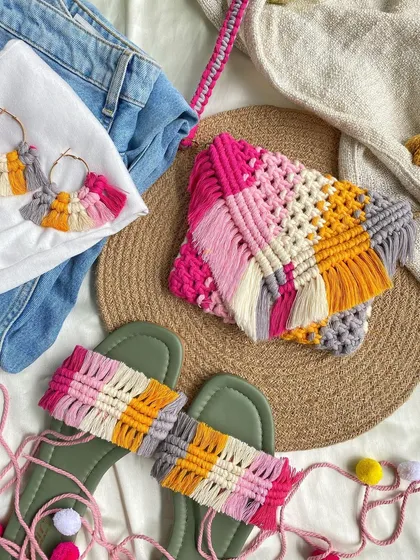 How about a full matching set? 🥰 I love creating custom combos like this pink candy set. Here I've paired one of my best selling macrame clutches with matching tassel hoop earrings and even some fun sandals. If you have a color combo in mind, I can bring it to life for you!