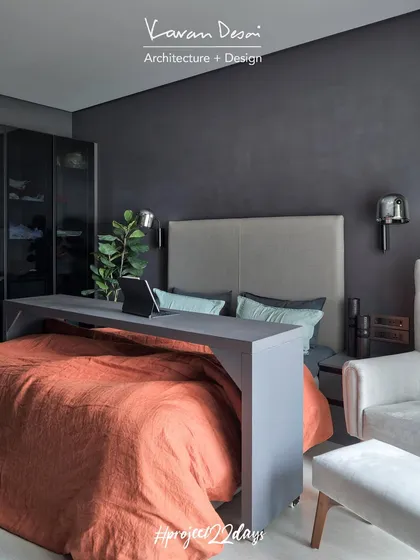 For Project 22 Days, we designed this custom sliding table for the master bedroom. It glides over the bed, creating a perfect surface for working from home or enjoying breakfast in bed without sacrificing space.