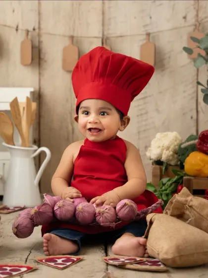 A baby chef holds a string of garlic with a happy smile. This prop-based photoshoot captures a fun and unique theme.