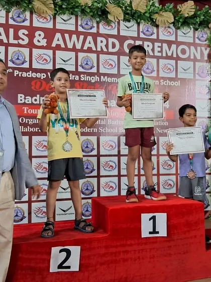 The winners' podium for the Boys Doubles U-13 category at the Delhi State Ranking Tournament, with our players Rajas and Vatsal taking the top spot.