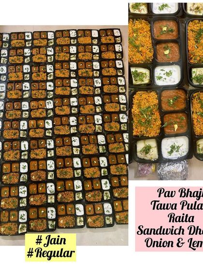 A large order of both Jain and Regular meals for a housewarming party. The menu included Pav Bhaji, Tawa Pulao, Raita, and Sandwich Dhokla, ensuring all guests were catered for.