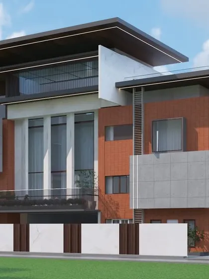 We excel at creating designs for large, contemporary residences. This visualization showcases a multi-level home with a flat roof design, extensive use of brick and concrete textures, and large windows, demonstrating a powerful and modern architectural statement.