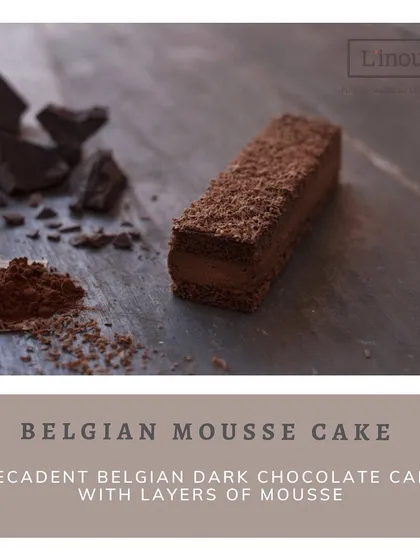 Another look at our Belgian Mousse Cake pastry, highlighting its rich texture and layers. It's a decadent experience, combining dark chocolate cake with airy mousse.
