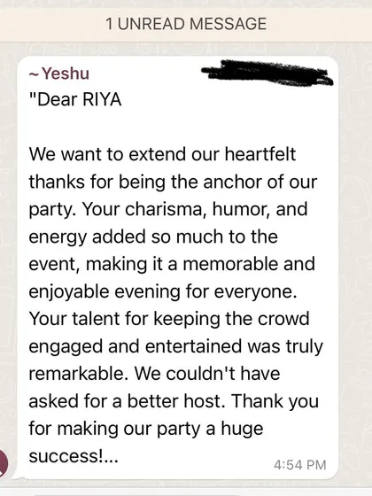 My goal is to make every event a huge success, and heartfelt feedback like this is my biggest reward. This message from a happy client shows the charisma, humor, and energy I bring to keep the crowd engaged all evening.