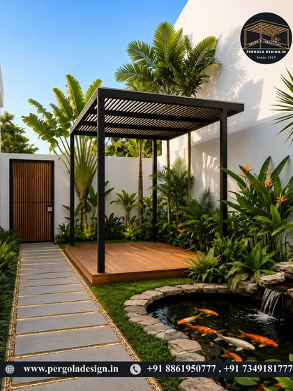 This simple yet elegant pergola creates a beautiful focal point next to a koi pond. The open-slatted roof provides gentle shade, making it an ideal spot for meditation or enjoying the calming presence of the water.