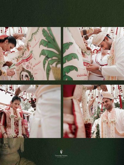 A four-panel collage detailing the rituals of a traditional wedding, including the moment the groom ties the mangalsutra.