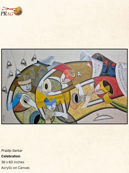 'Celebration' by Pradip Sarkar, a dynamic abstract piece where musical instruments and figures merge into a symphony of form and color.