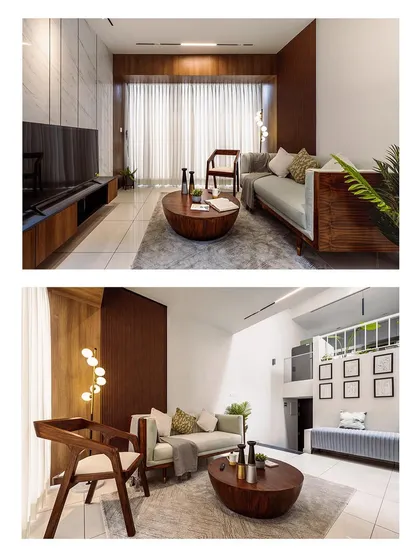 A collage showing two different perspectives of the living room. This format provides a comprehensive overview of the space, from the seating area to the multi-level layout.