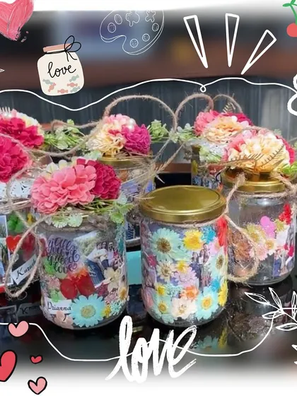 These personalized memory jars were the final creations from a fun Galentine's day brunch workshop. Each jar is decorated with photos, flowers, and personal touches, making it a truly heartfelt keepsake to remember the day.