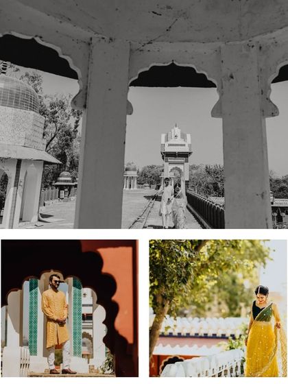 A collage of artistic shots from a destination wedding, showcasing the beautiful architecture and the couple's portraits.