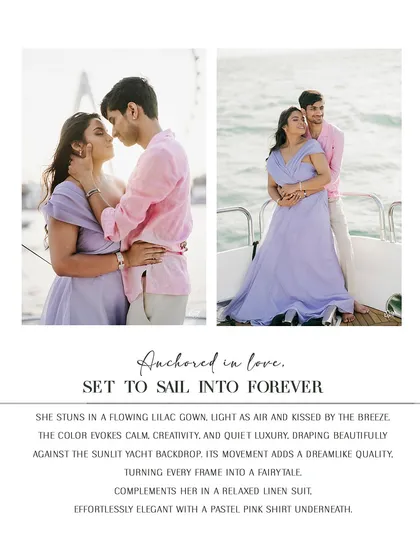 Anchored in love, setting sail into forever. For the yacht portion of their Dubai shoot, we chose a flowing lilac gown for her and a relaxed linen suit with a pink shirt for him, evoking a sense of calm, breezy luxury.