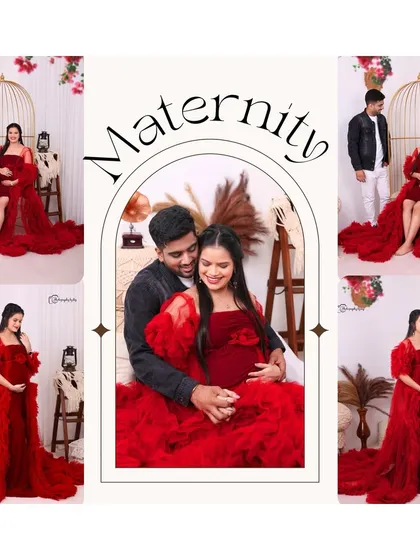 A collage showcasing various poses from an elegant indoor maternity session in a red ruffled gown.