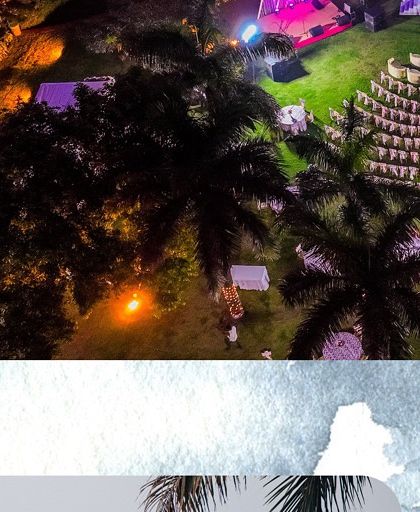 An aerial view of the venue at night, with our lighting and decor setup creating a magical ambiance. We manage both daytime and nighttime event transformations.