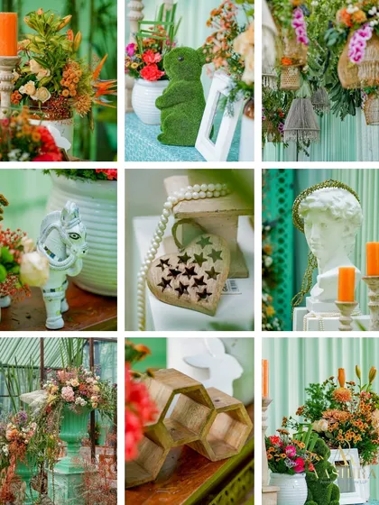 A collage of the rustic and whimsical decor details, from the classical busts and star-shaped ornaments to the moss-covered animal figures.