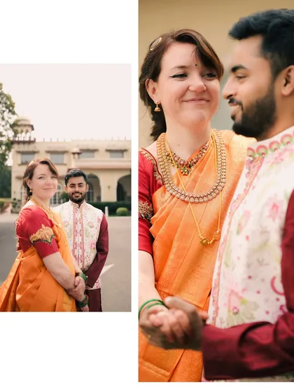 A collage showing the couple's connection, with a wide shot in front of a heritage building and a close-up of their loving gaze. It beautifully portrays their cross-cultural love story.