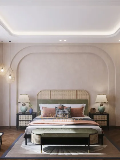 This bedroom features a unique arched wall design and furniture with natural rattan details, blending modern sophistication with organic charm.