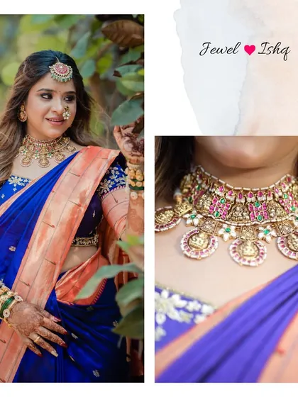 A collage showing the full look and a close-up of the intricate Temple Jewellery choker with goddess motifs.