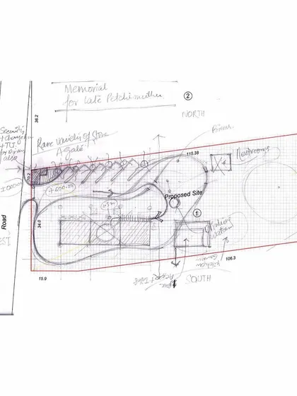 A duplicate of the memorial's site plan sketch, illustrating the fluid relationship between the built form and the surrounding tranquil landscape.