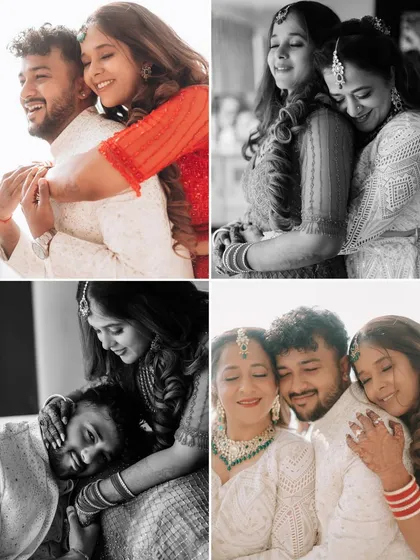 A collage of four images capturing the affectionate and playful bond between a bride, groom, and their family members. The mix of color and black and white highlights different emotions, from laughter to quiet intimacy.