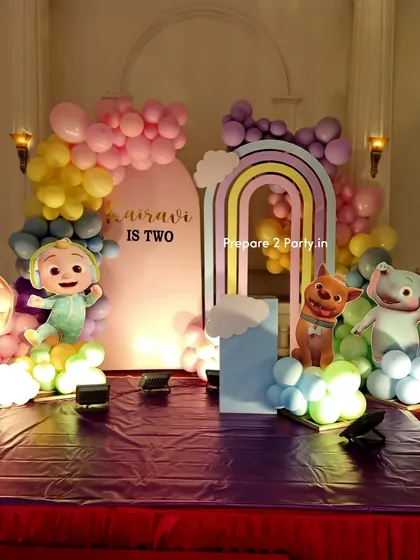 More examples of my popular Cocomelon themed birthday decorations, showcasing different arrangements with character cutouts, balloon arches, and personalized backdrops for first and second birthdays.
