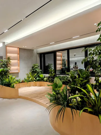 This is the future of workspaces. For this biophilic office in Hyderabad, we integrated lush planter beds and greenery directly into the architecture, creating a work environment that is healthier, calmer, and more inspiring.